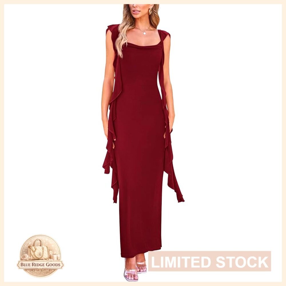 Sleeveless Ruffle Maxi Bodycon Dress Formal Cocktail Party Wedding Guest